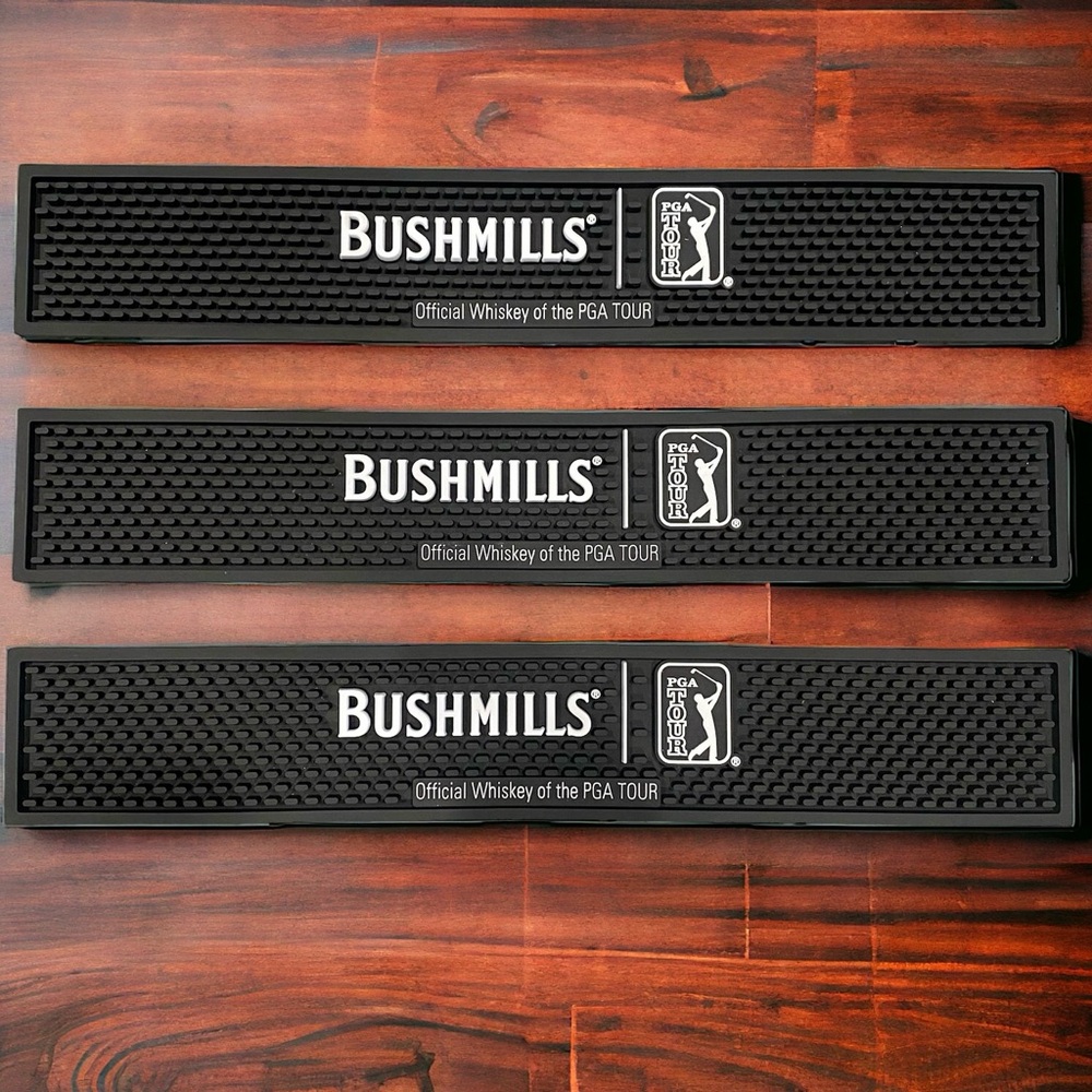 3 BUSHMILLS Irish Whiskey Bar Mat Rubber Drinks Spill Official PGA Tour 21”X3.5”